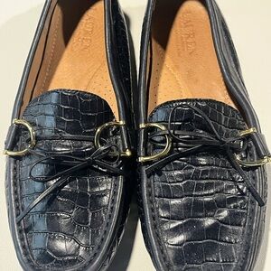 Lauren Ralph Lauren Navy Croc-Patterned Loafers with Gold Buckles